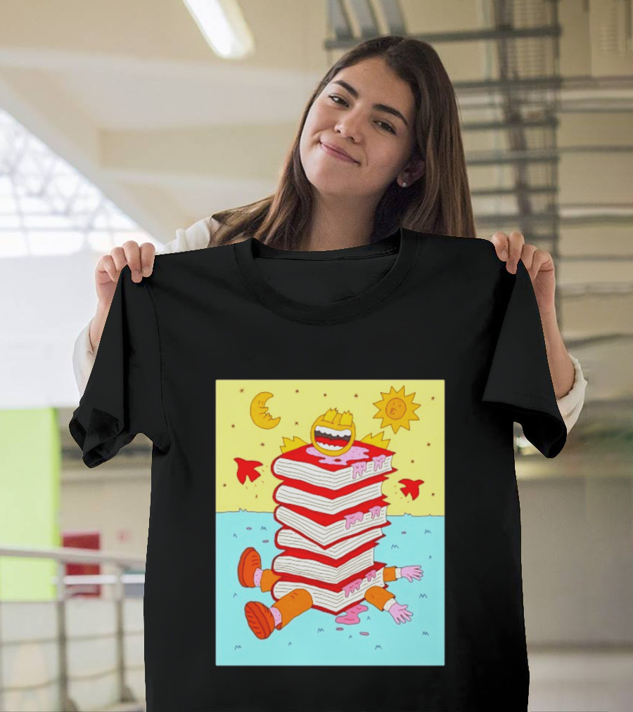 Smiling Face Moon Sun Birds Stack Of Books Reading T-Shirt