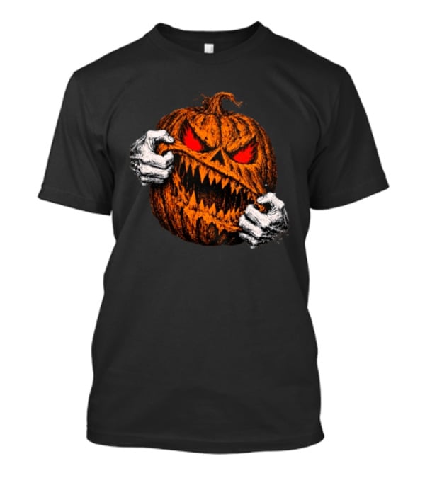 Halloween 2026 Evil Pumpkin Glowing Eyes Sharp Teeth Grinning Horror T-Shirt