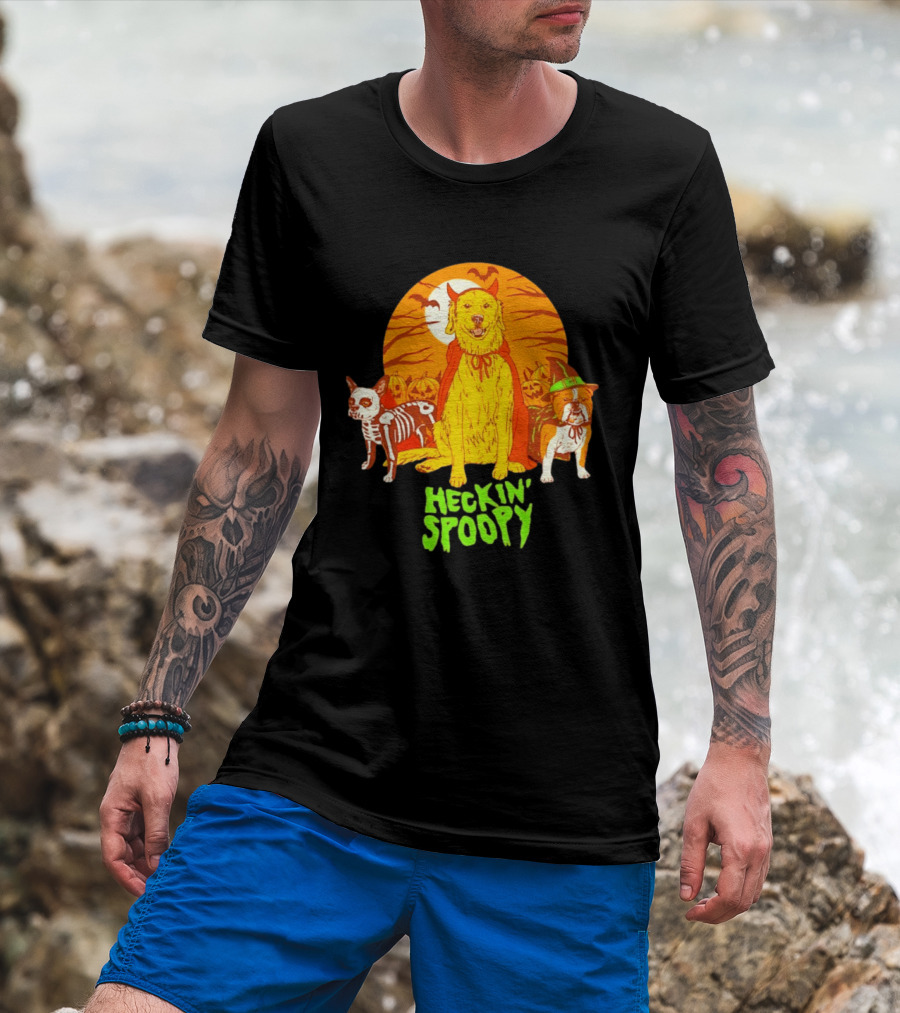 Heckin' Spoopy Dogs Halloween Golden Retriever Skeleton Costume Pumpkin Moon T-Shirt