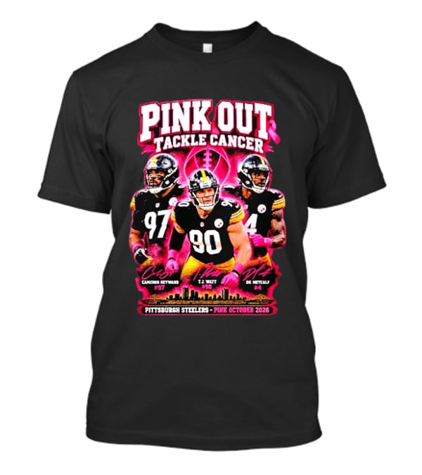 Pittsburgh Steelers Pink Out Tackle Cancer October 2026 Player Signatures Heyward Watt Fitzpatrick T-Shirt