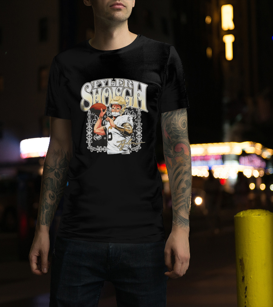Tyler Shough New Orleans Saints Groovy Football Art With Player Signature T-Shirt