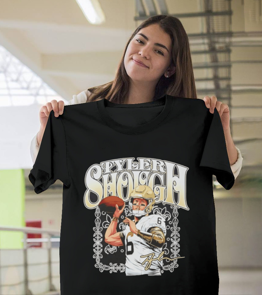 Tyler Shough New Orleans Saints Groovy Football Art With Player Signature T-Shirt