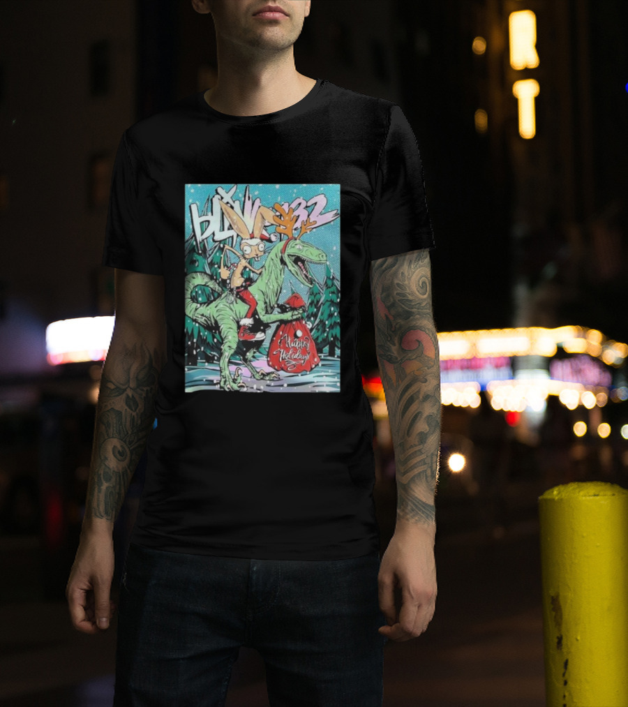 Blink 182 Merry Xmas Rabbit Riding Velociraptor Happy Holidays T-Shirt