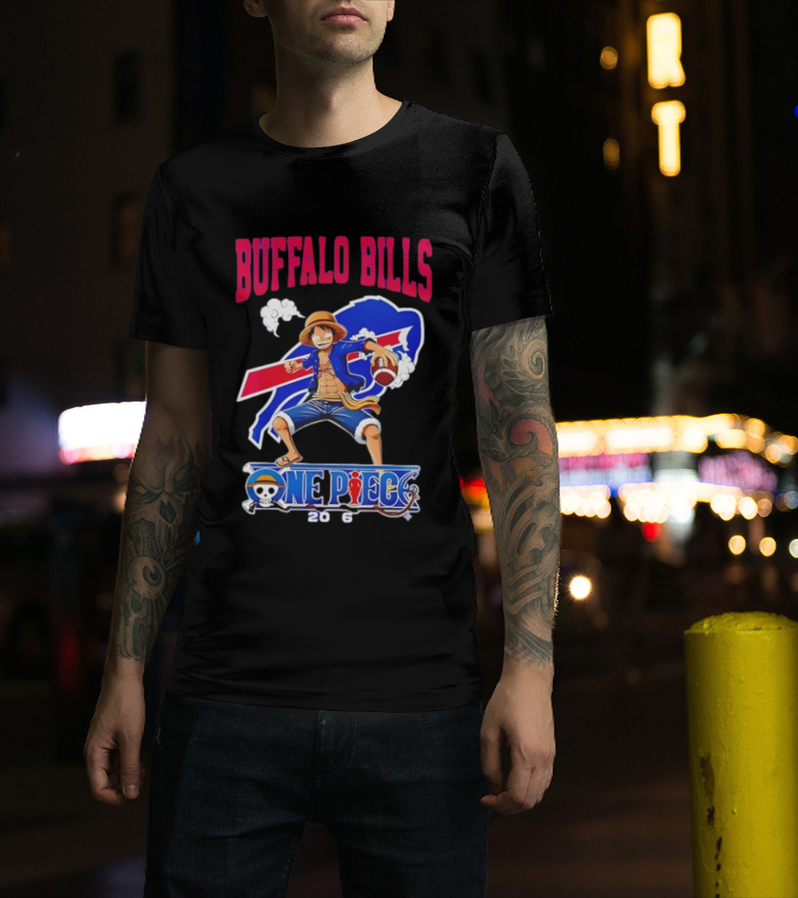 Buffalo Bills One Piece Crossover 2026 Featuring Luffy Football T-Shirt
