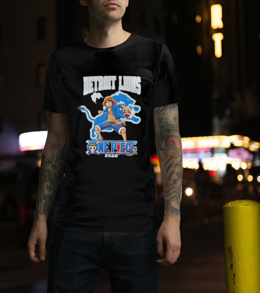 Detroit Lions One Piece Collaboration 2026 Luffy Crossover Football T-Shirt
