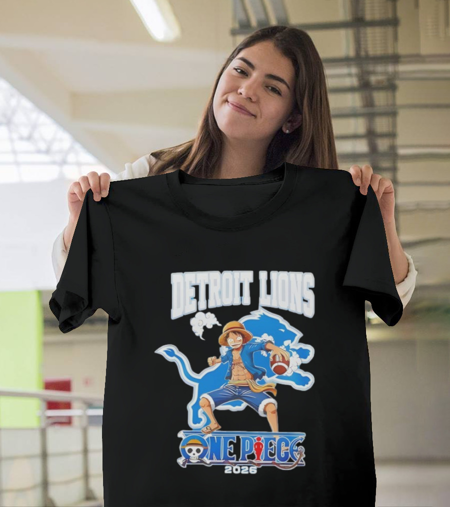 Detroit Lions One Piece Collaboration 2026 Luffy Crossover Football T-Shirt