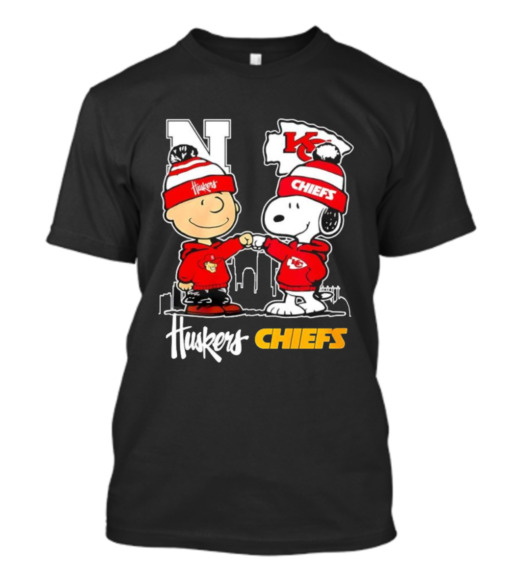 Peanuts Characters Huskers Chiefs Kansas City Snoopy Woodstock Fist Bump T-Shirt