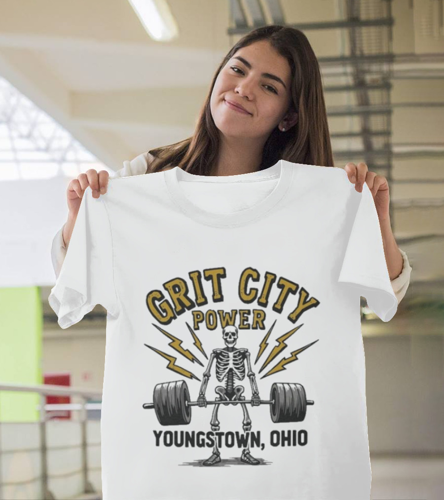 Grit City Power Youngstown Ohio Skeleton Weightlifting Strength T-Shirt