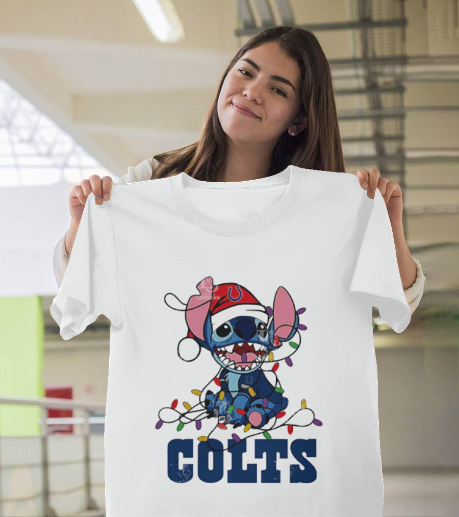 Indianapolis Colts Stitch Christmas Lights NFL Fan Art T-Shirt