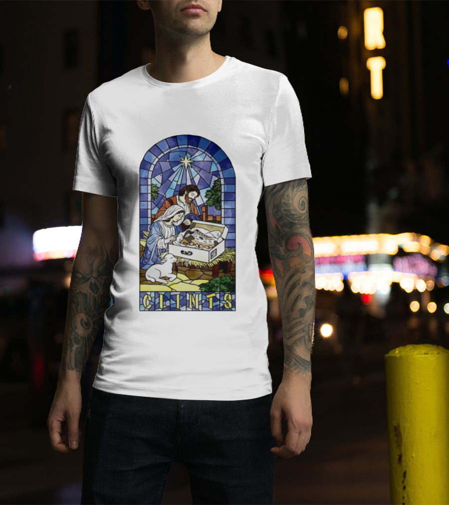 Nativity Stained Glass Clints Jesus Scene With Sneakers T-Shirt