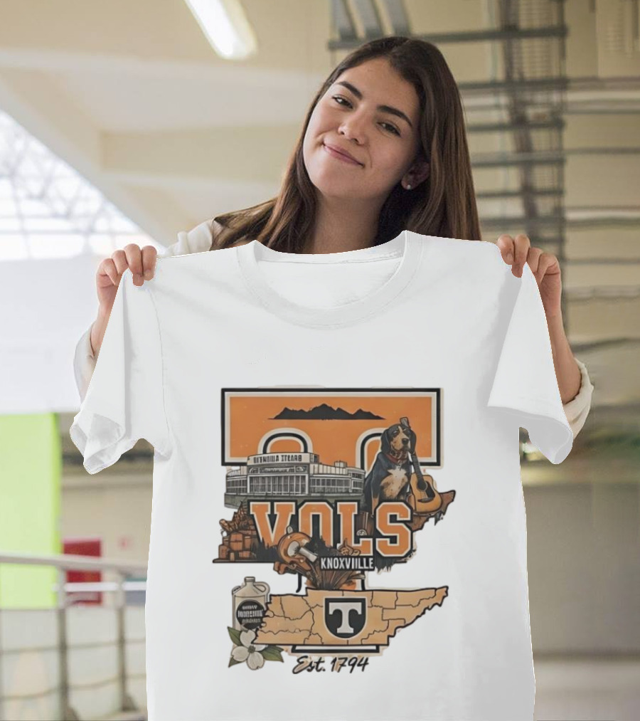 University Of Tennessee Volunteers Knoxville Vols Neyland Stadium Smokey Mascot Est 1794 Map Outline T-Shirt