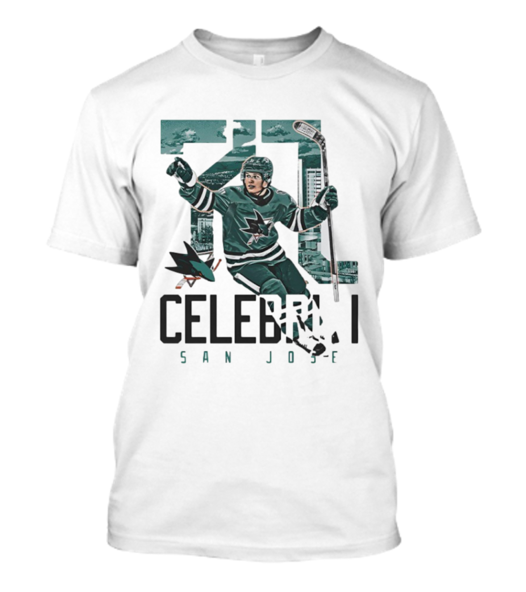 San Jose Sharks 71 Celebrini Landmark Skyline Hockey T-Shirt
