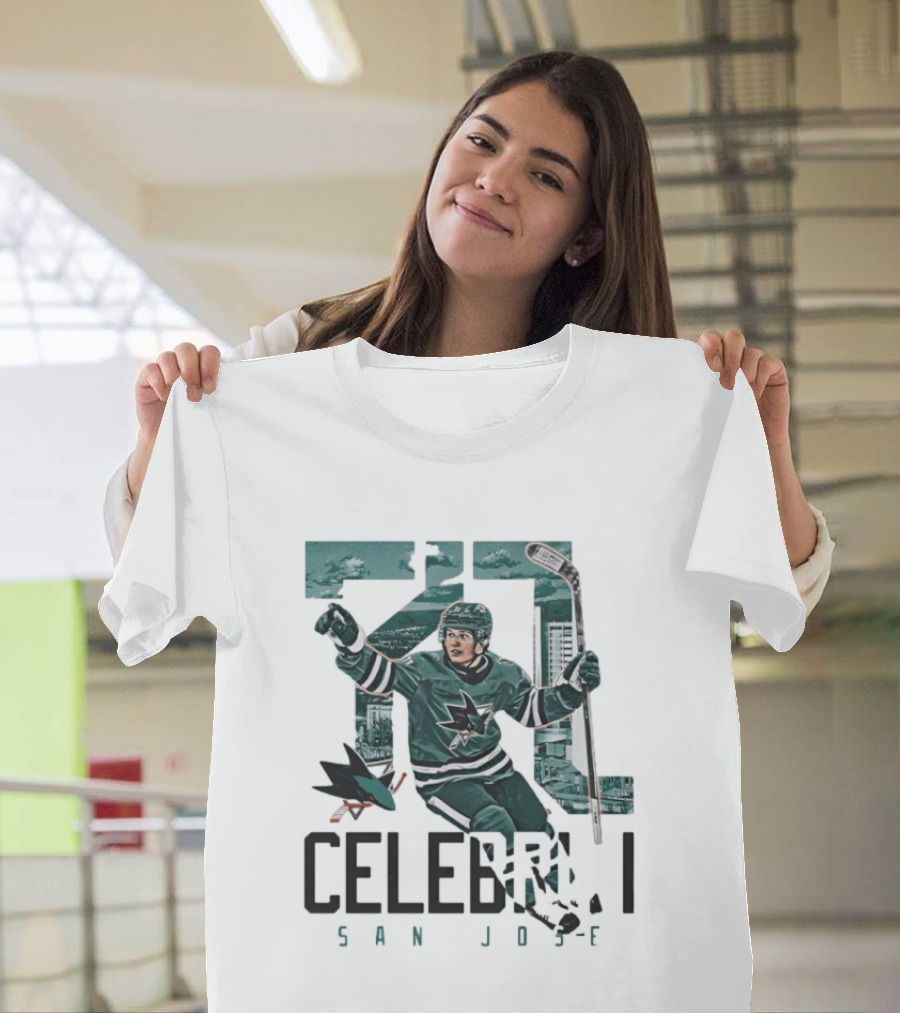San Jose Sharks 71 Celebrini Landmark Skyline Hockey T-Shirt