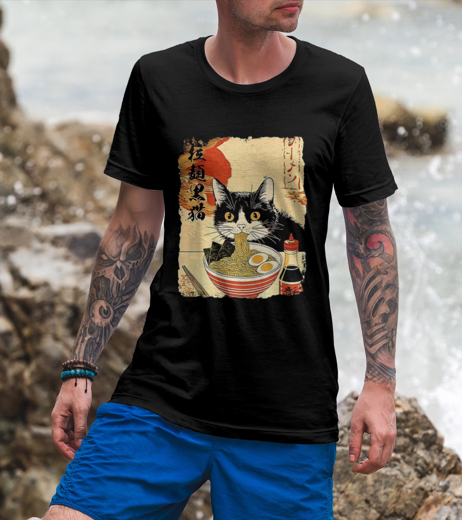 Japanese Black Cat Ramen Ukiyo E Retro Style With Kanji T-Shirt