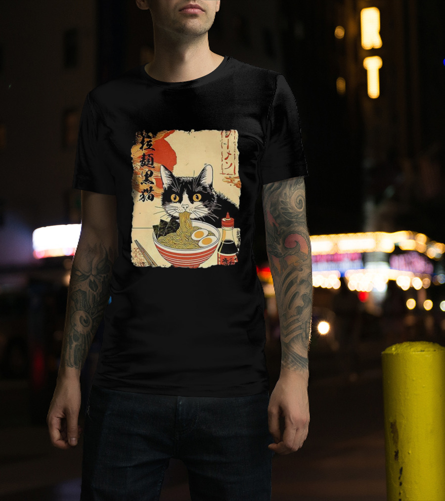 Japanese Black Cat Ramen Ukiyo E Retro Style With Kanji T-Shirt