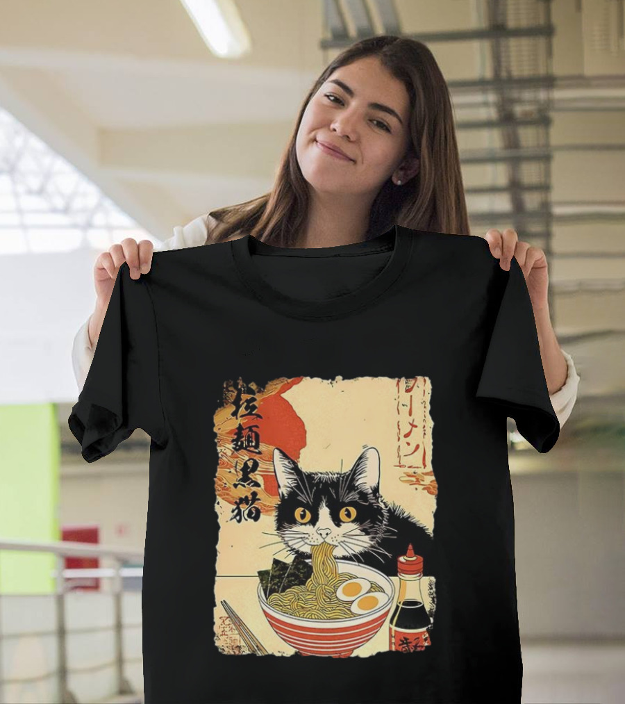 Japanese Black Cat Ramen Ukiyo E Retro Style With Kanji T-Shirt