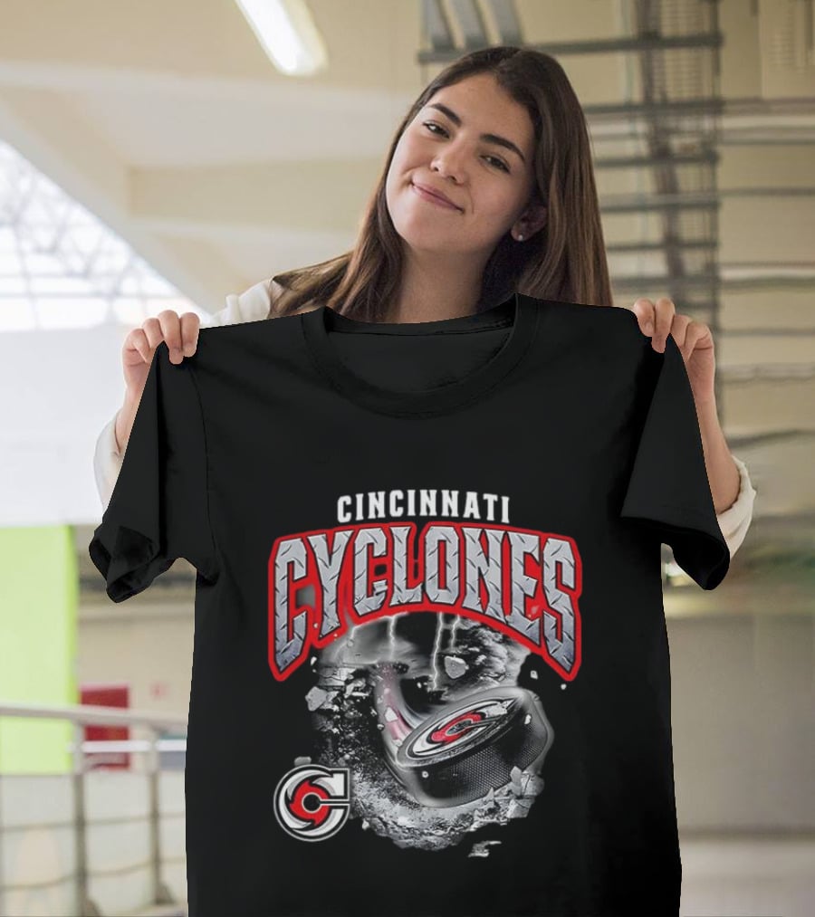 Cincinnati Cyclones Ice Hockey Storm Warning Puck Shattering Ice T-Shirt