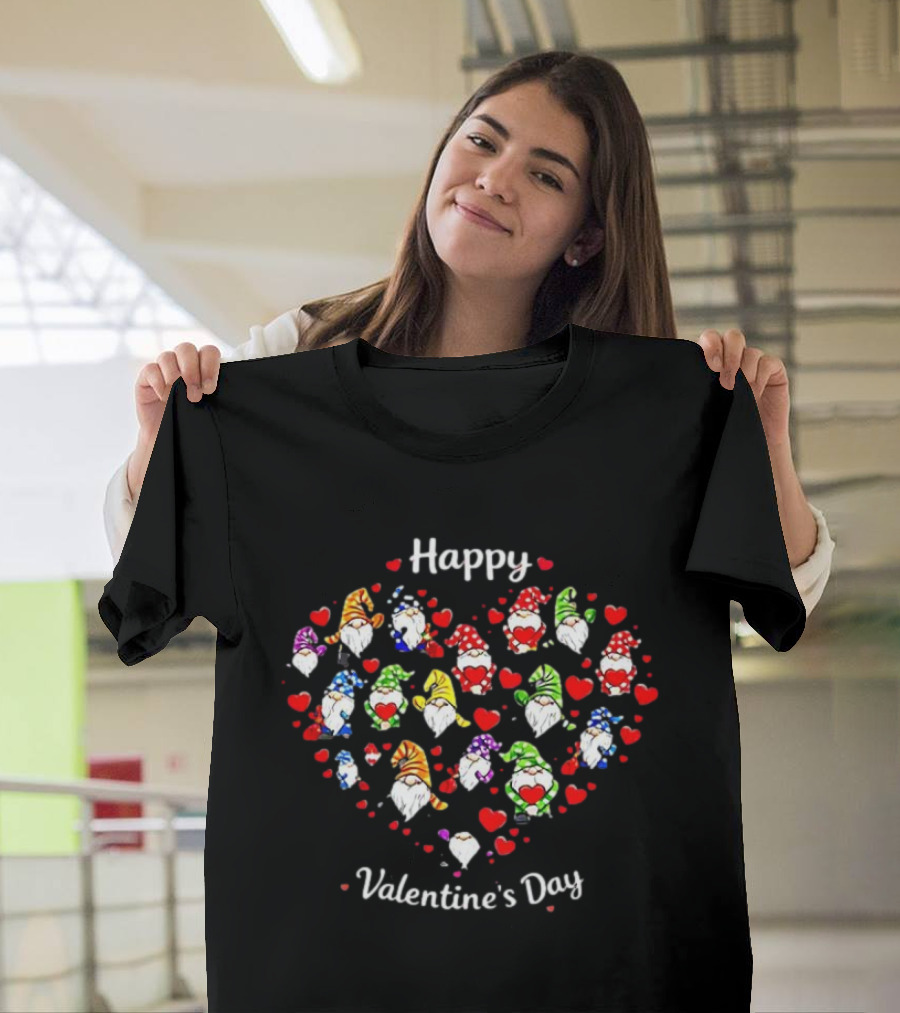 Happy Valentine's Day Gnomes Heart Arrangement With Colorful Hats And Hearts T-Shirt