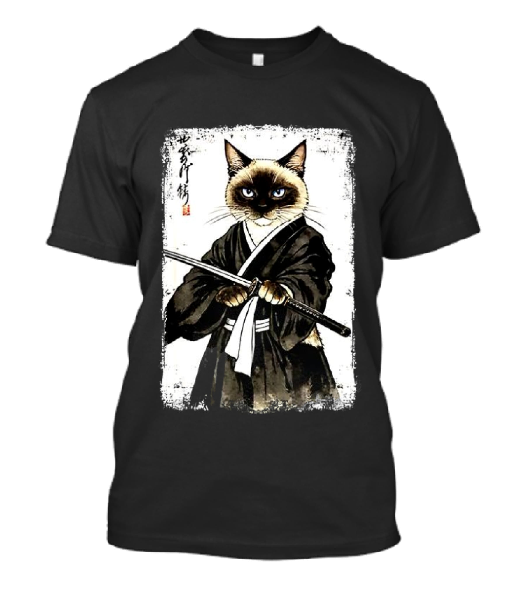 Siamese Cat Samurai Warrior Japanese Vantage Painting Kanji T-Shirt