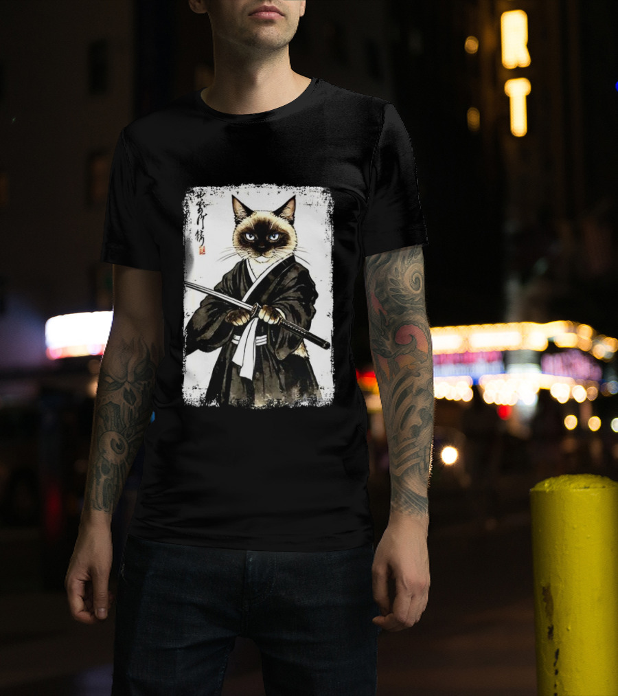Siamese Cat Samurai Warrior Japanese Vantage Painting Kanji T-Shirt