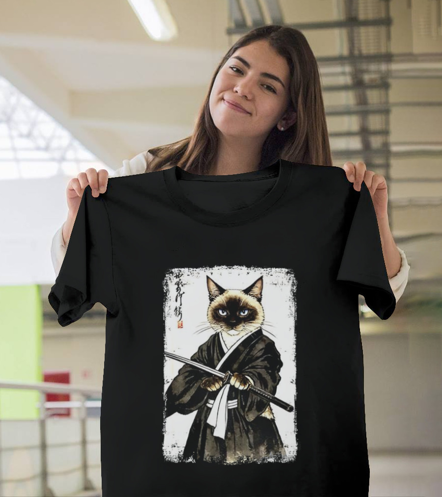 Siamese Cat Samurai Warrior Japanese Vantage Painting Kanji T-Shirt