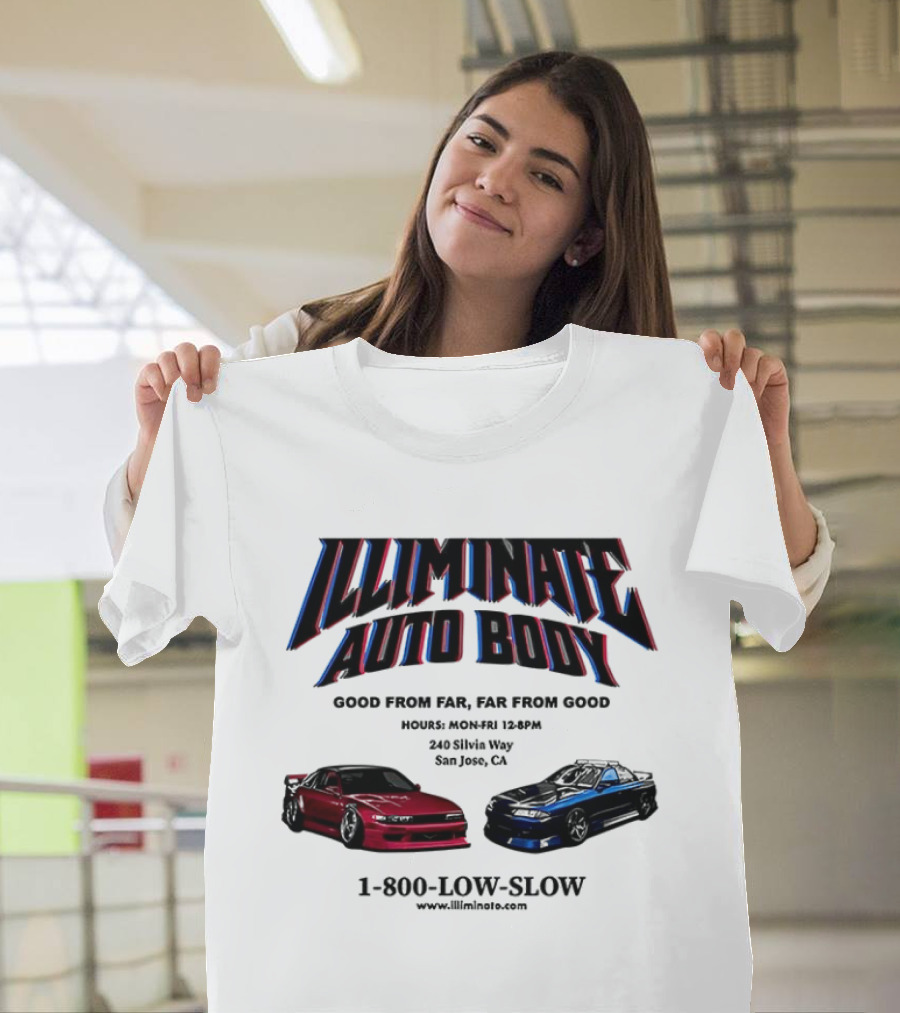Illiminate Auto Body Good From Far Far From Good Retro Red Blue Car T-Shirt