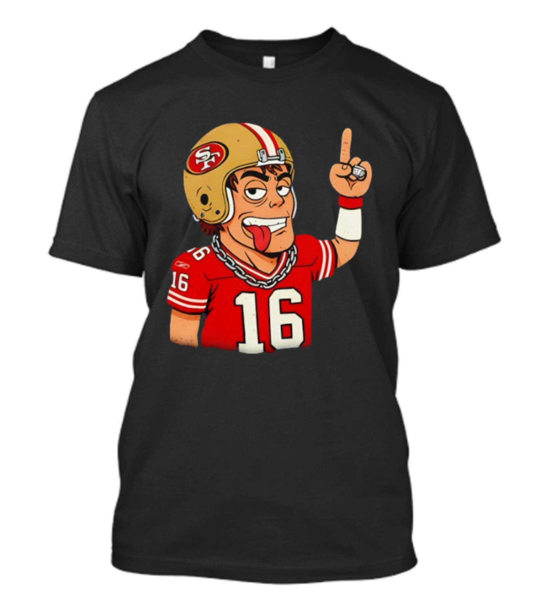 Legendary Quarterback Joe Montana #16 San Francisco 49ers Cartoon Helmet Tongue Out T-Shirt