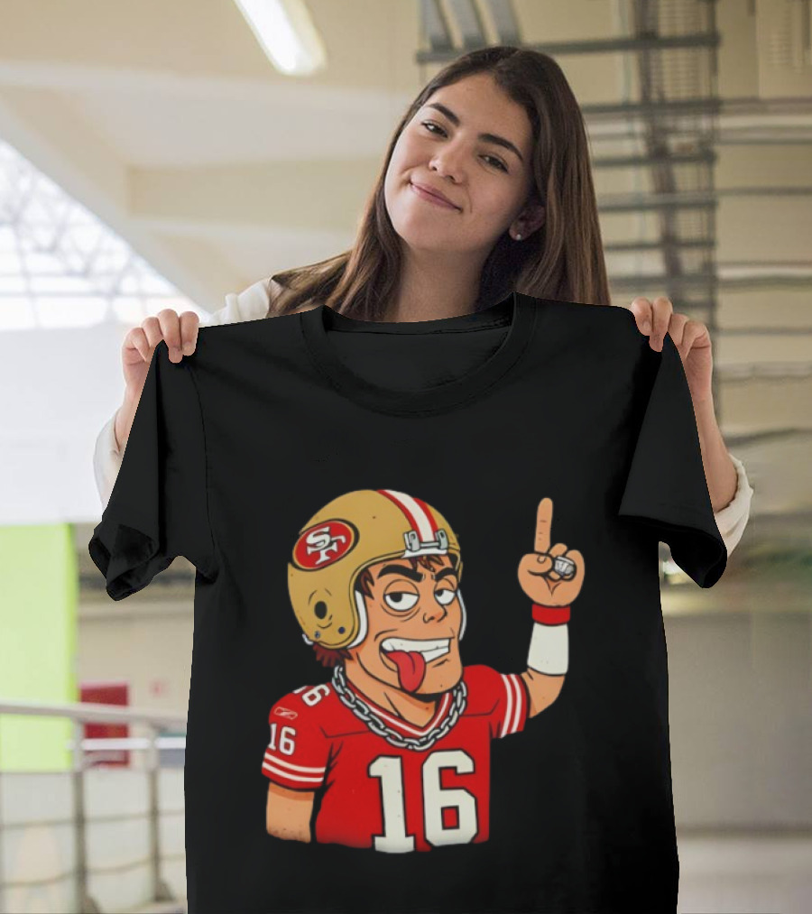 Legendary Quarterback Joe Montana #16 San Francisco 49ers Cartoon Helmet Tongue Out T-Shirt