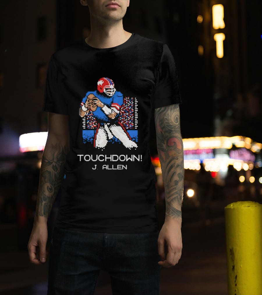 TOUCHDOWN J ALLEN Retro Football Quarterback Blue Red Helmet T-Shirt