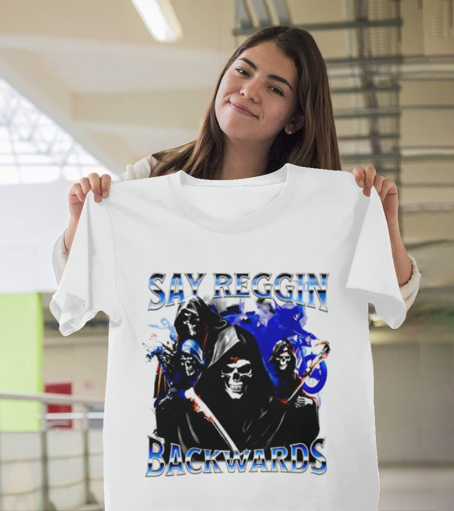 Say Reggin Backwards Skeletons Blue and Red T-Shirt