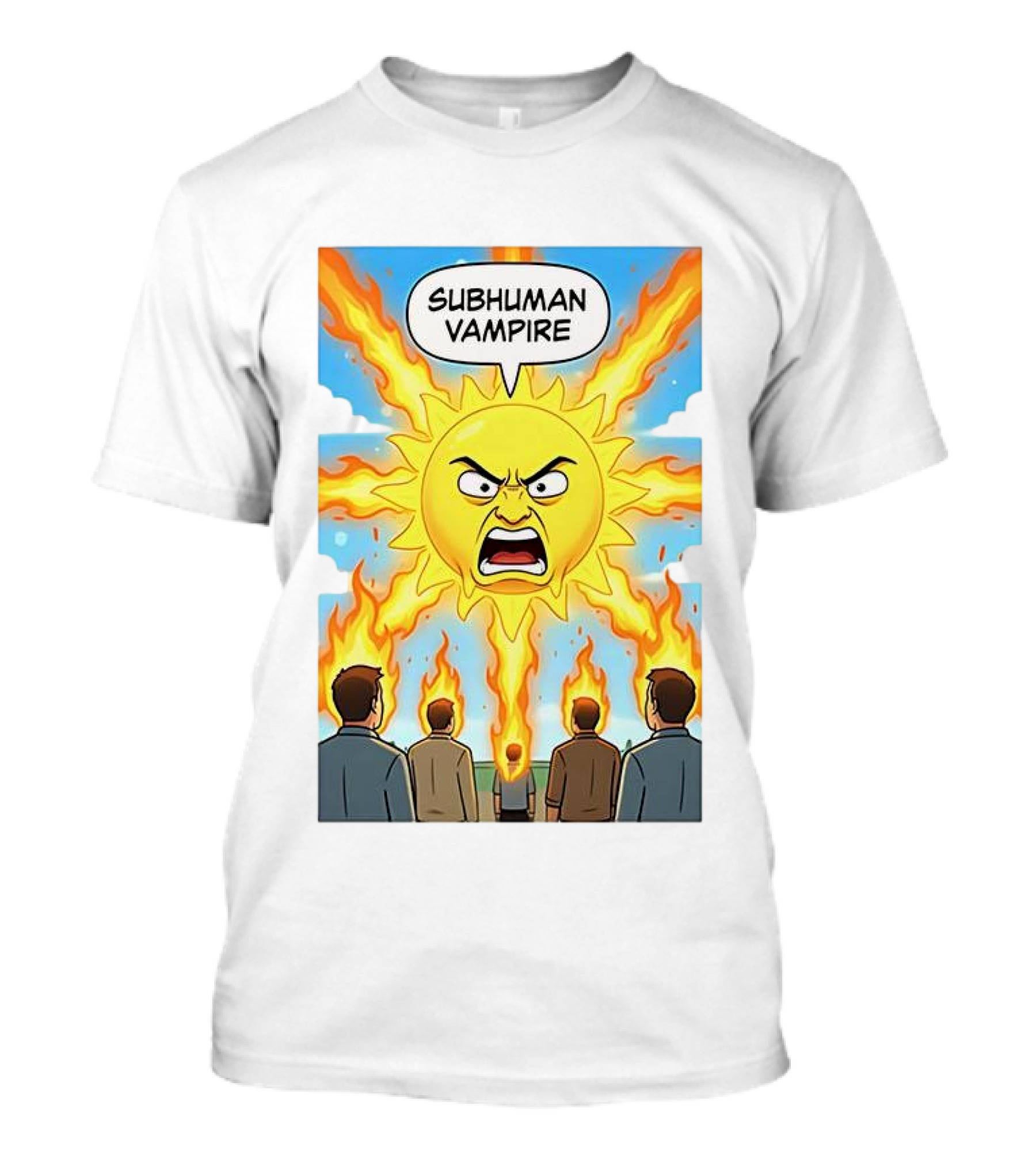 Subhuman Vampire Angry Sun Cartoon With Flames T-Shirt