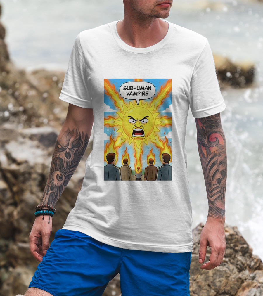 Subhuman Vampire Angry Sun Cartoon With Flames T-Shirt