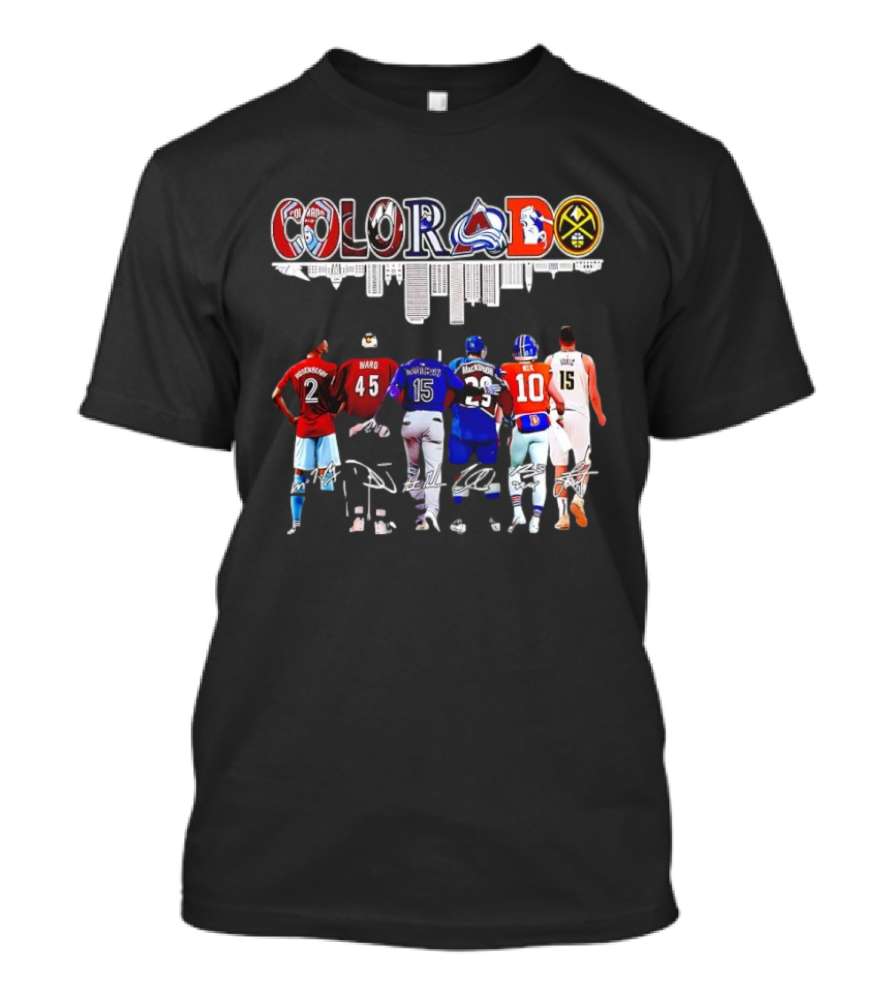 Colorado Avalanche Broncos Nuggets Rockies Jerseys And Ward Jokic Signatures T-Shirt