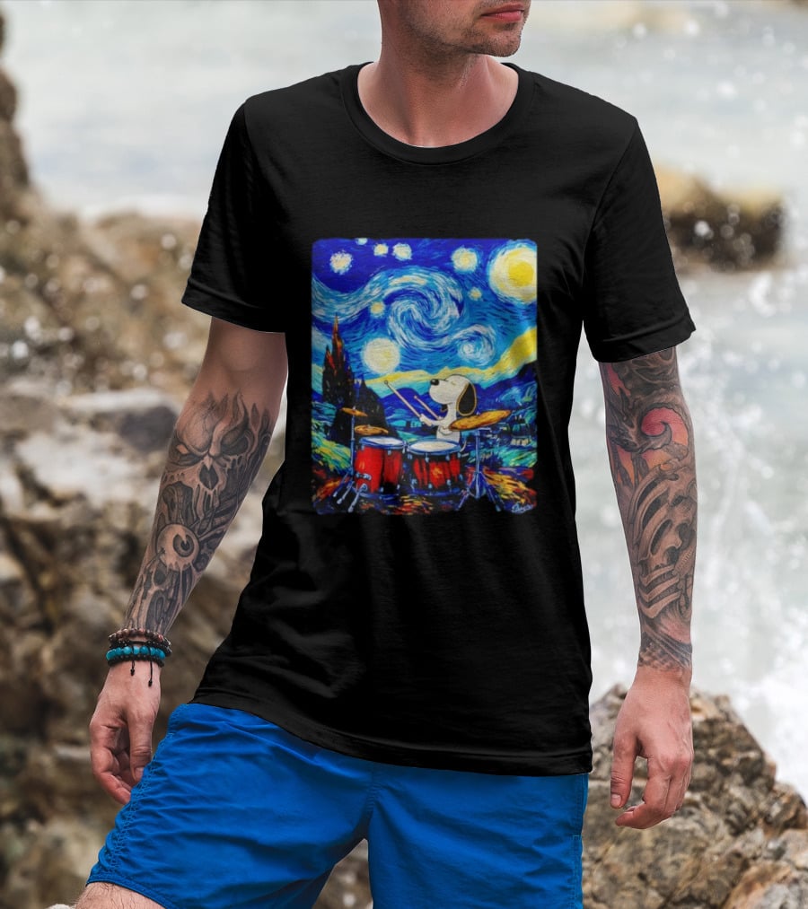 Snoopy Playing Drums Starry Night Van Gogh T-Shirt