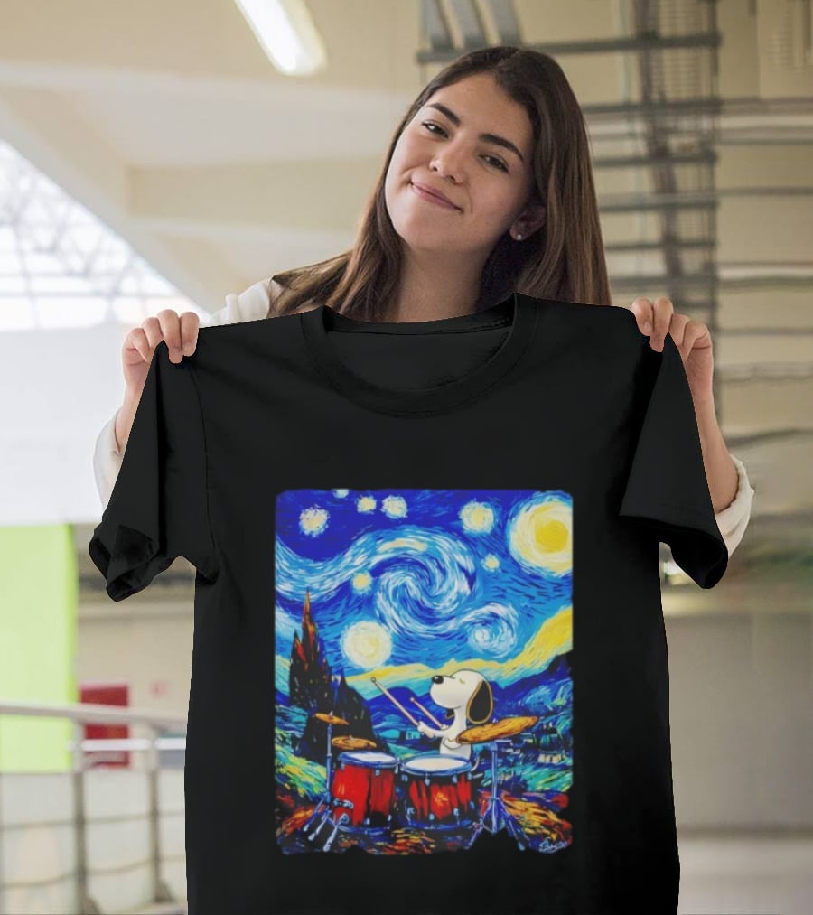 Snoopy Playing Drums Starry Night Van Gogh T-Shirt