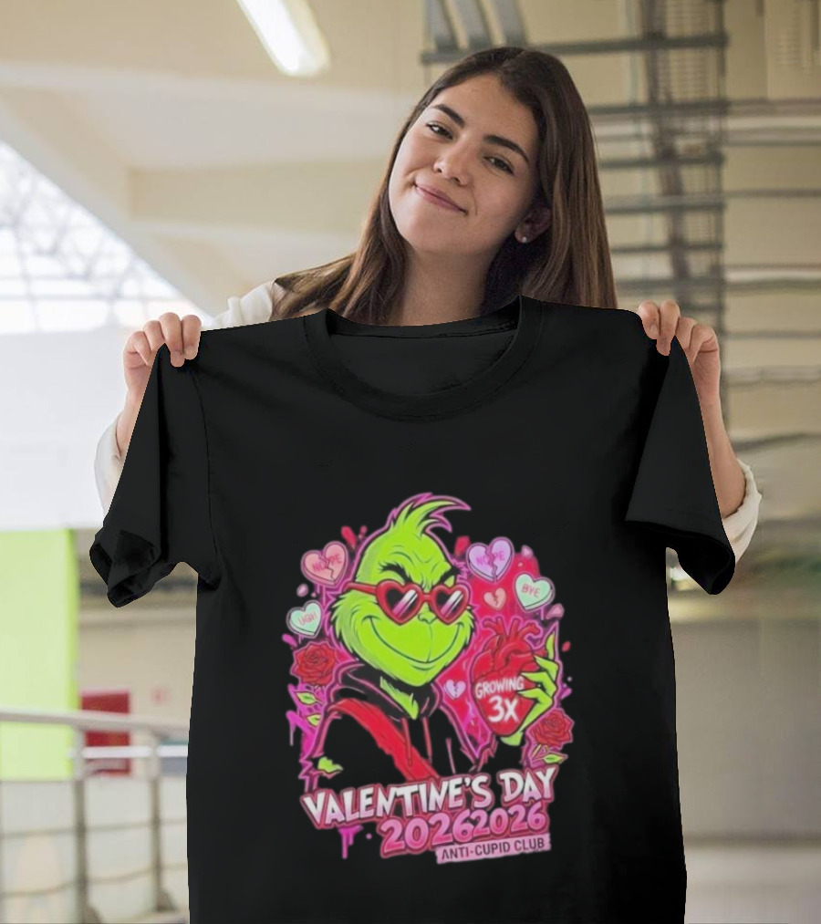 The Grinch Valentine's Day 2026 Anti Cupid Club Growing 3X Heart Funny Sarcastic Candy Hearts T-Shirt