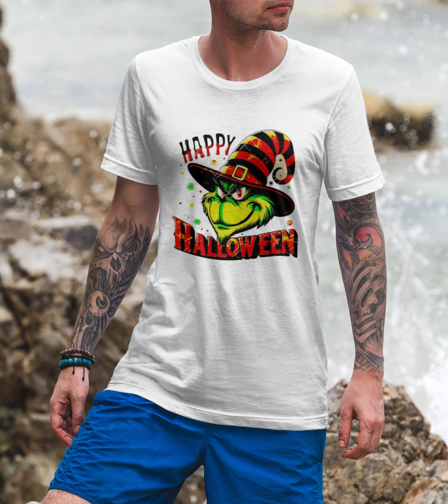 Happy Halloween Grinch Witch Hat Striped Festive T-Shirt