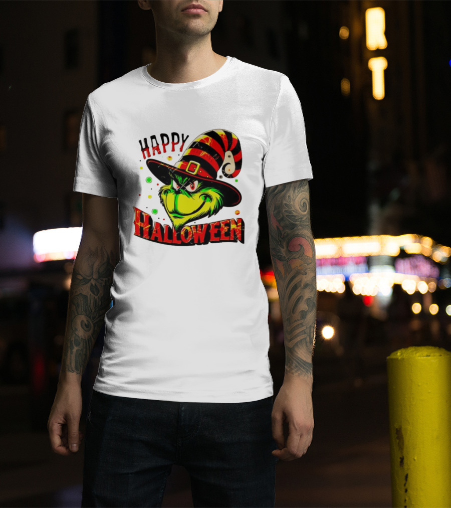 Happy Halloween Grinch Witch Hat Striped Festive T-Shirt
