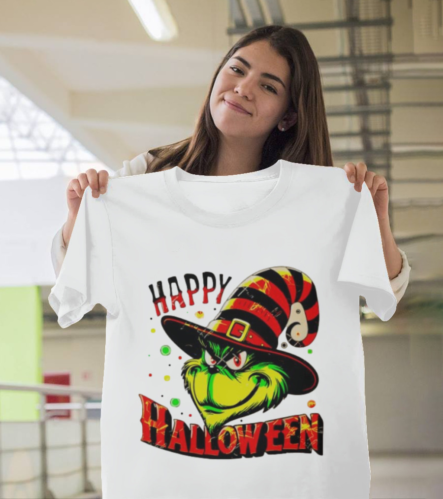 Happy Halloween Grinch Witch Hat Striped Festive T-Shirt