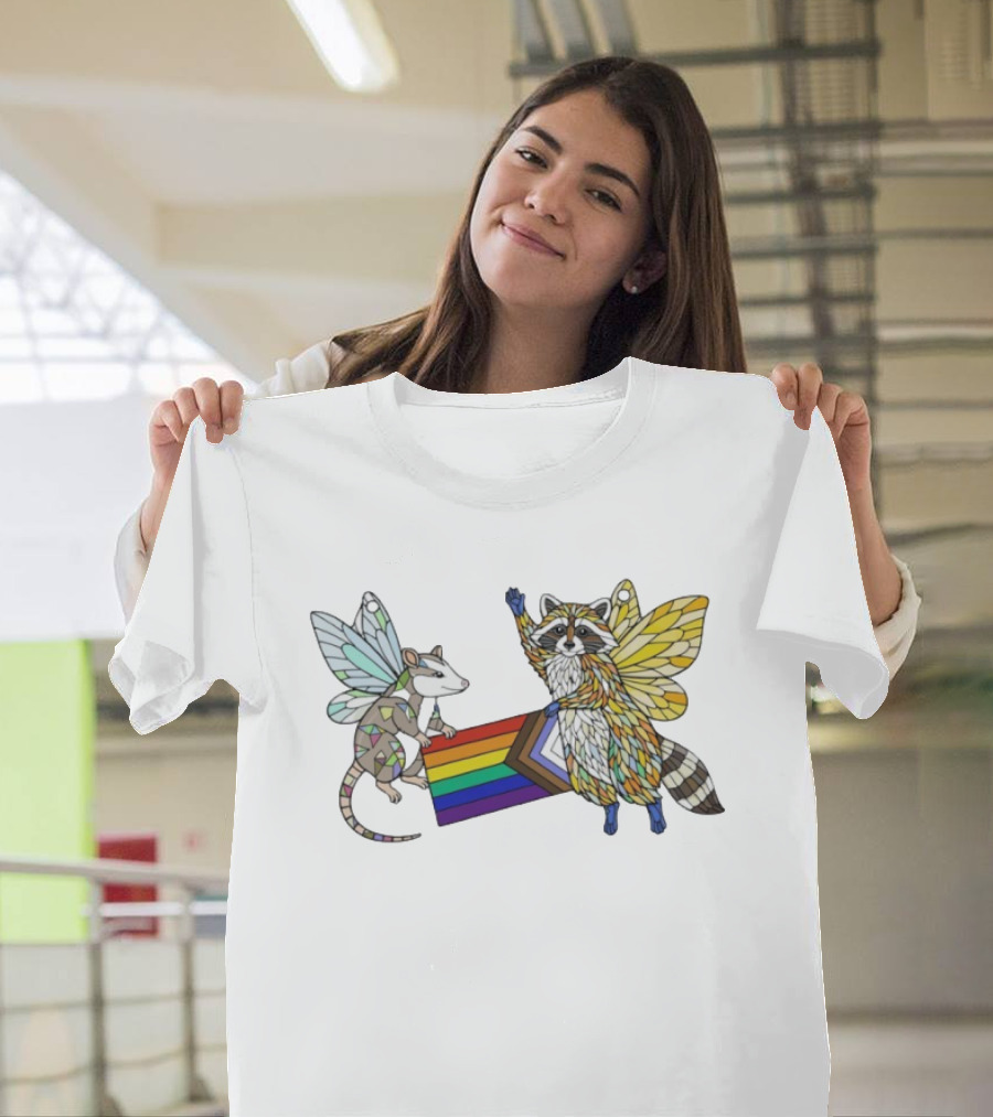 LGBTQ Pride Flag Fairy Opossum And Raccoon With Wings T-Shirt