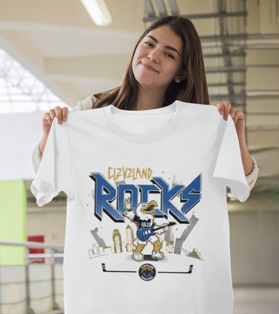 Cleveland Rocks Hockey Mascot Monster Guitar City Skyline T-Shirt