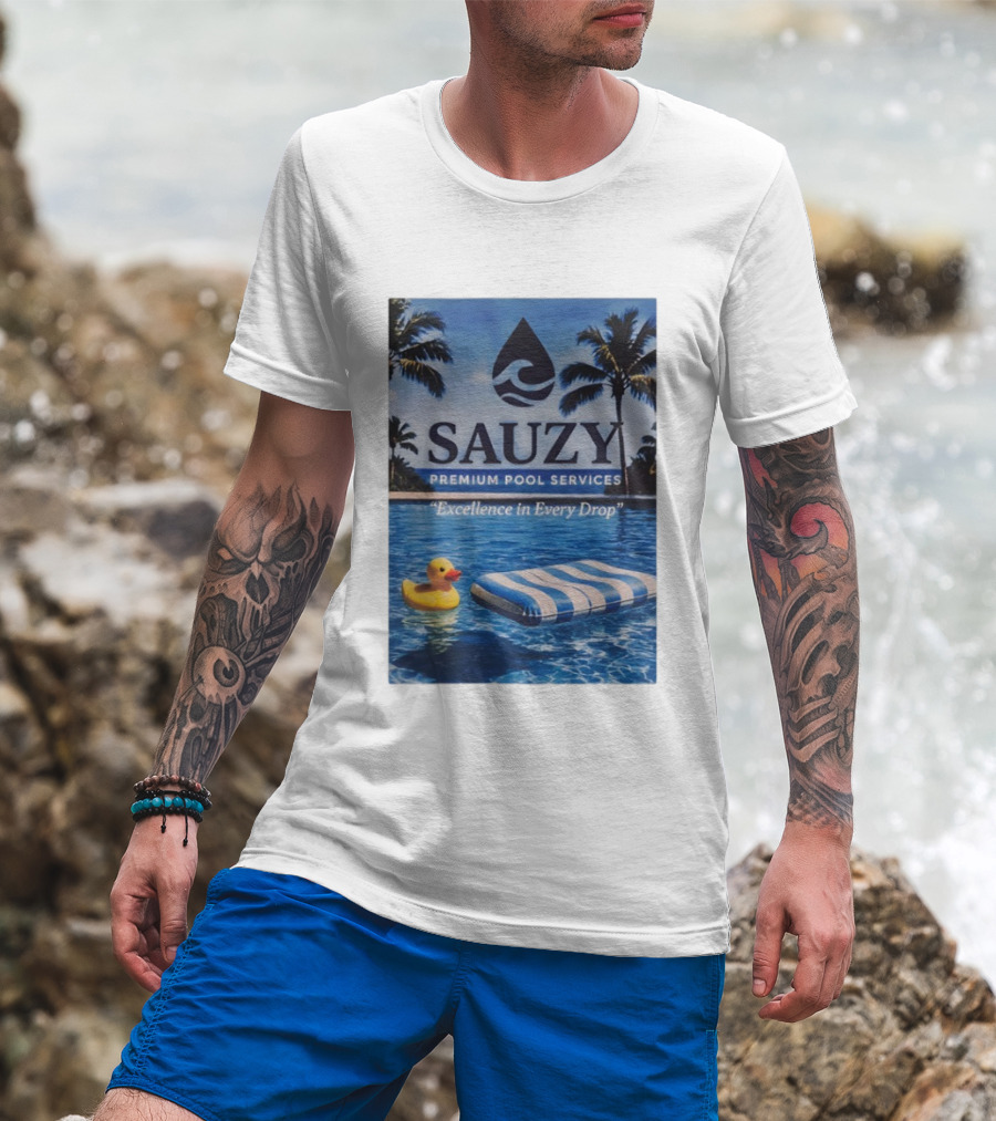 Sauzy Premium Pool Services Excellence In Every Drop Floating Fun With Duck And Lounger Palm Oasis T-Shirt