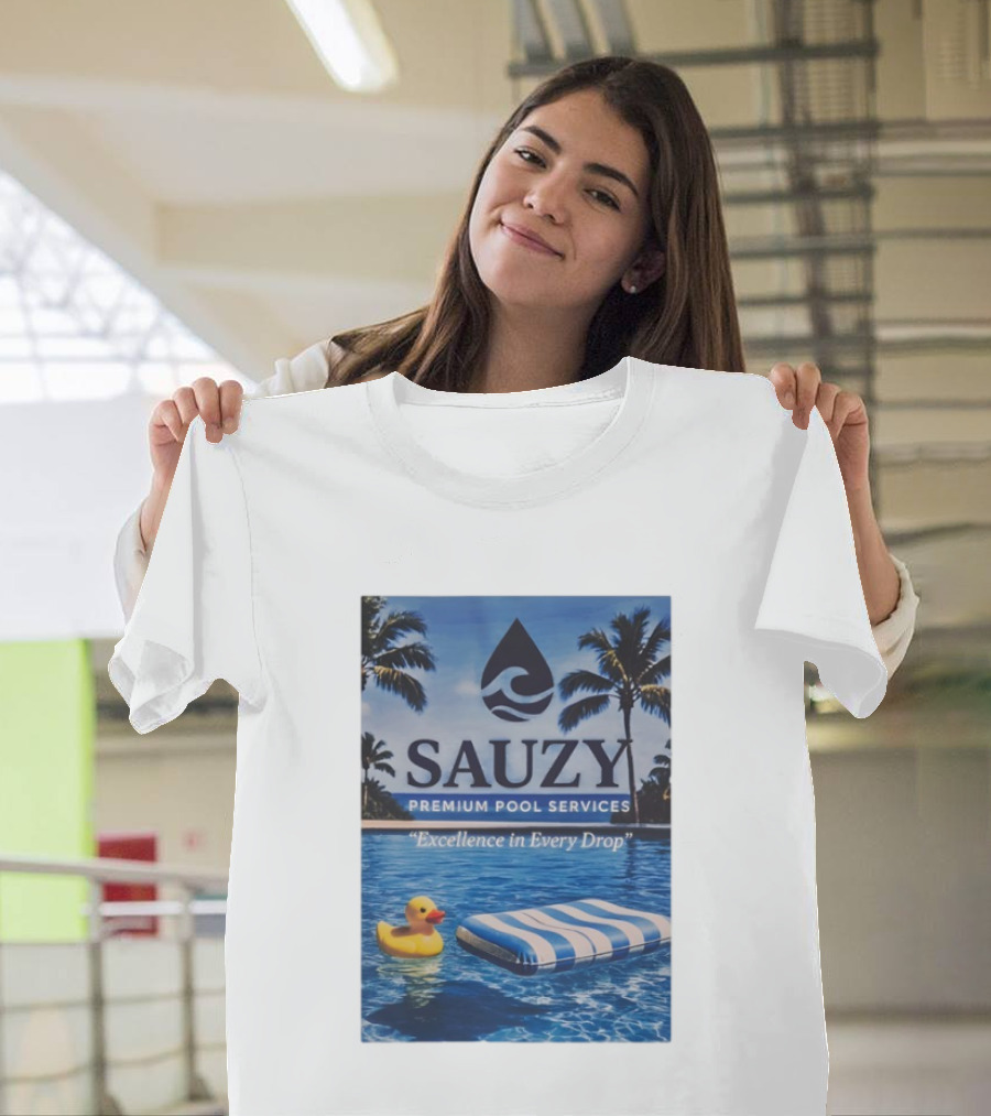 Sauzy Premium Pool Services Excellence In Every Drop Floating Fun With Duck And Lounger Palm Oasis T-Shirt