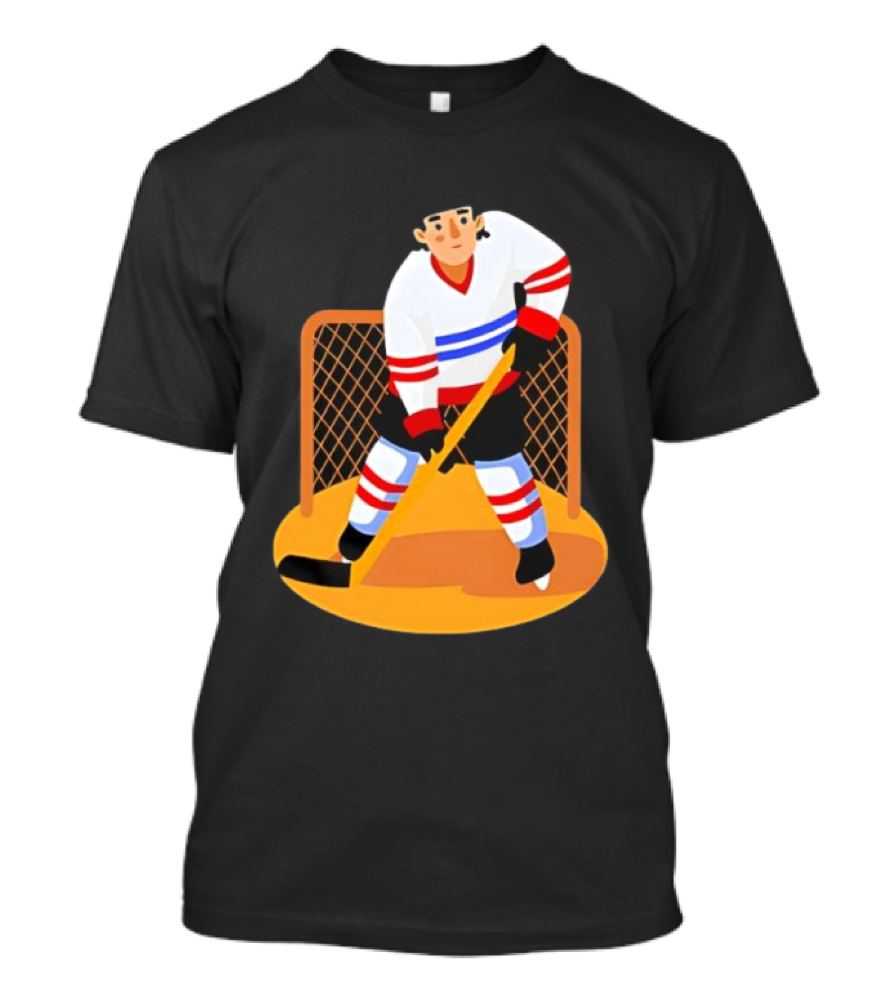 Ice Hockey Goalie In Action With Stick And Net Background T-Shirt