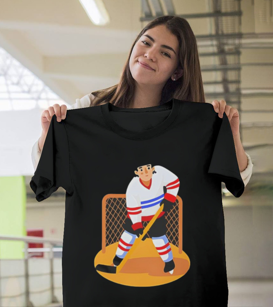 Ice Hockey Goalie In Action With Stick And Net Background T-Shirt