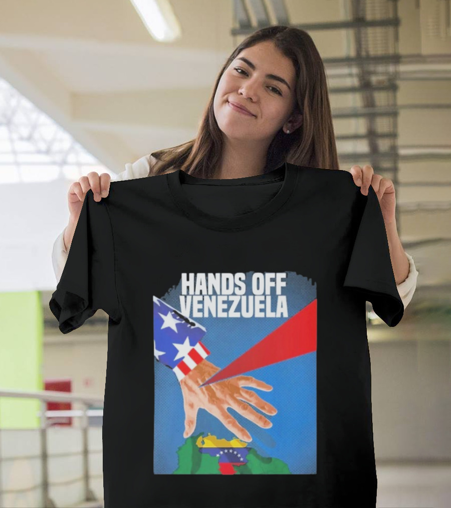 Hands Off Venezuela U.S. Imperialism Critique Featuring Venezuelan Flag And Map T-Shirt