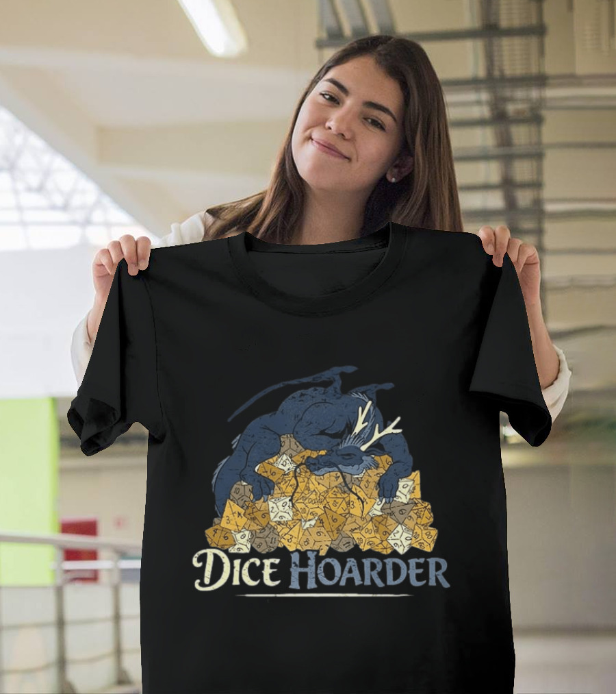 Dice Hoarder Dragon With Pile Of Polyhedral Dice Dungeons And Dragons Fantasy T-Shirt