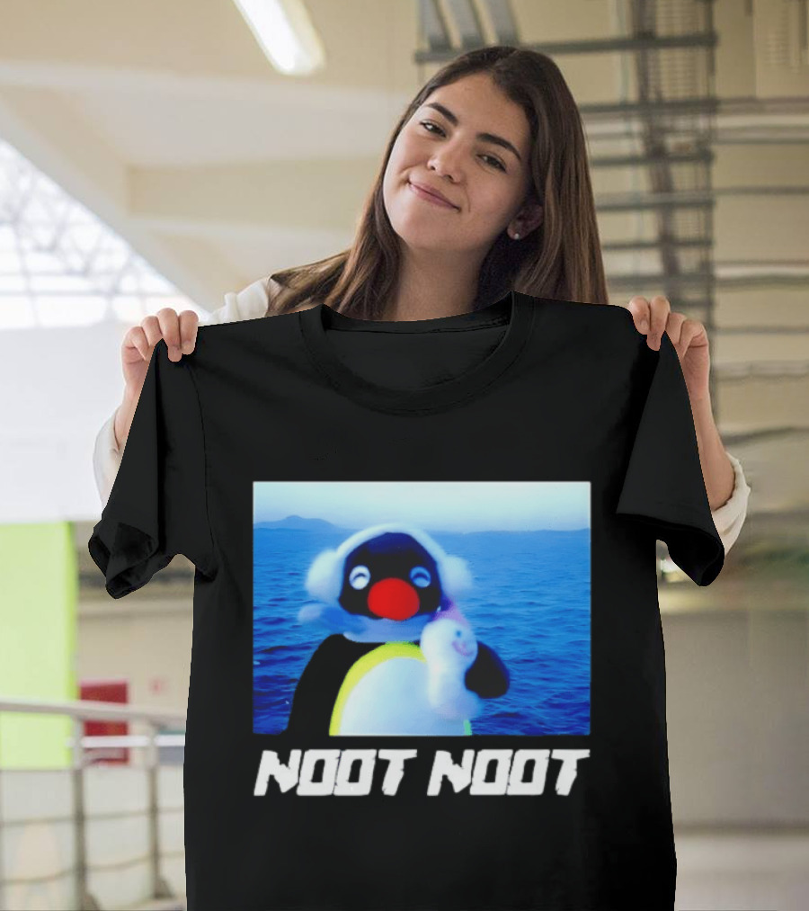 Noot Noot Penguin Holding Toy Ocean Background T-Shirt