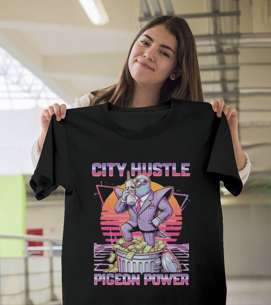 Pigeon Power City Hustle Funny Retro 80s Synthwave Suit Money Trash Can Telephone T-Shirt