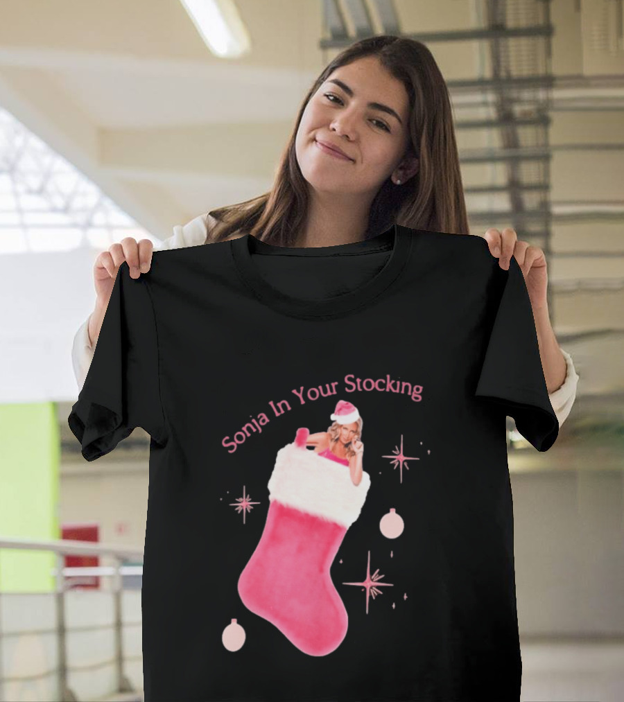 Sonja In Your Stocking Holiday Christmas Sox Pink Santa Hat Festive T-Shirt